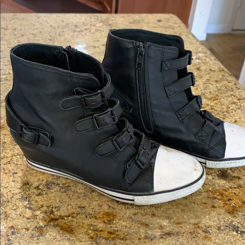 Ash Black leather ankle wedge sneakers